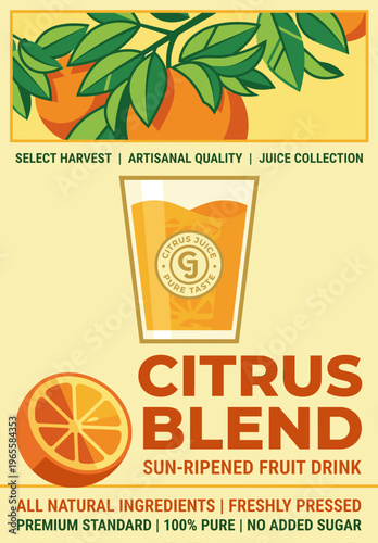 Citrus blend fruit drink label with details on ingredients and quality standards for health-conscious consumers