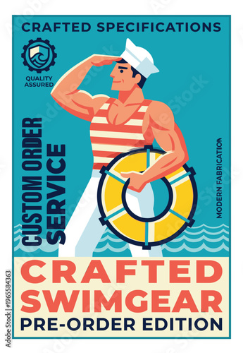 Custom order service for crafted swimgear pre-order edition illustrated with a sailor in striped shirt and life buoy