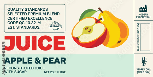 Juice label for apple and pear blend with quality standards and production details