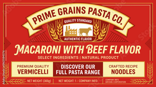 Packaging label for macaroni with beef flavor from Prime Grains Pasta Co, featuring logo and quality information for consumers