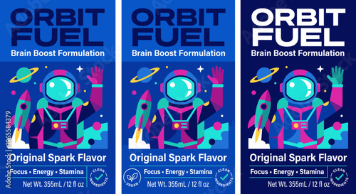 Packaging label for Orbit Fuel, a brain boost drink, featuring space theme and three variations showing astronaut character