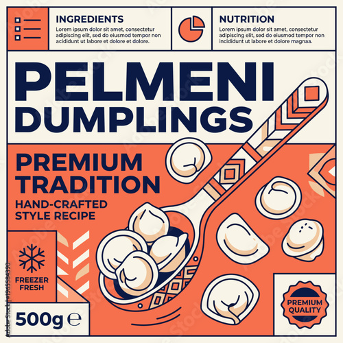 Pelmeni dumplings packaging label design with focus on traditional recipe and fresh ingredients