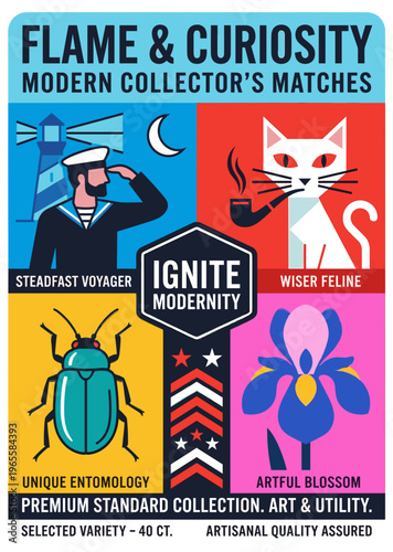 Modern collector's matches packaging design for Flame and Curiosity with unique themes and bright colors