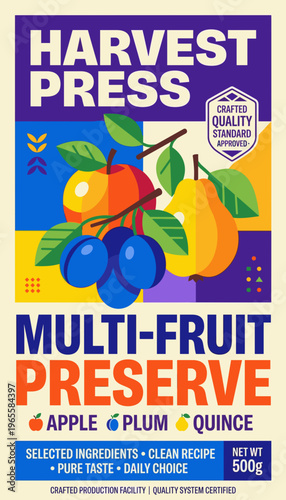 Harvest press multi-fruit preserve label design with apple, plum, and quince on display