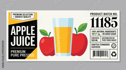 Apple juice packaging label design with clear details and product information shown prominently