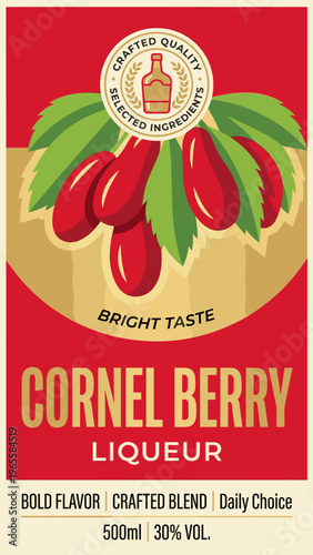 Cornel berry liqueur packaging label design with bright colors and bold text for product branding