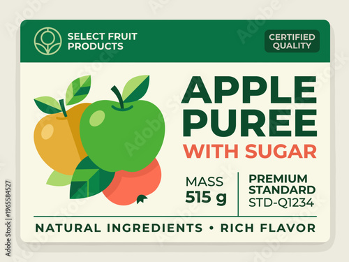 Vector label design for apple puree with sugar showing colorful fruits and text information about product features