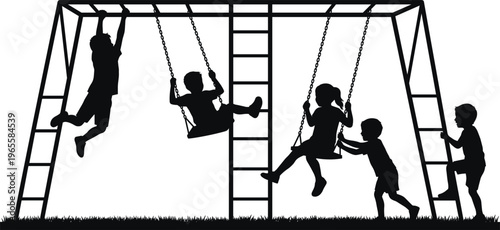 Silhouette of Children Playing on Swing Set, Kids Enjoying Playground Fun