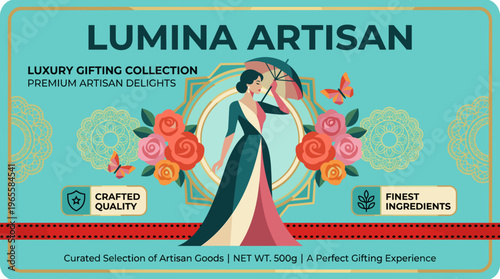 Vector packaging label for Lumina Artisan luxury gifting collection with floral design