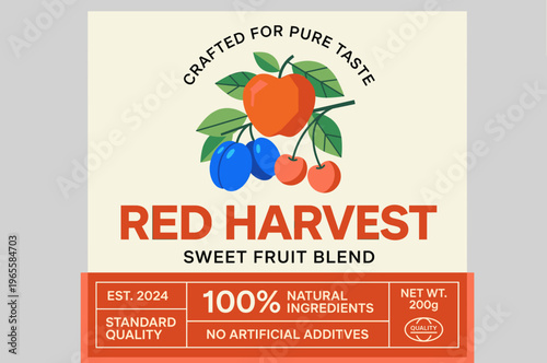 Label design for Red Harvest sweet fruit blend featuring fruits on a cream background with product details below