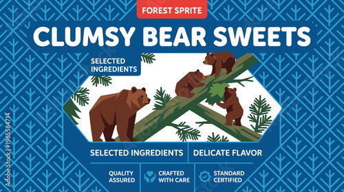 Clumsy bear sweets packaging label with selected ingredients and forest background featuring bears