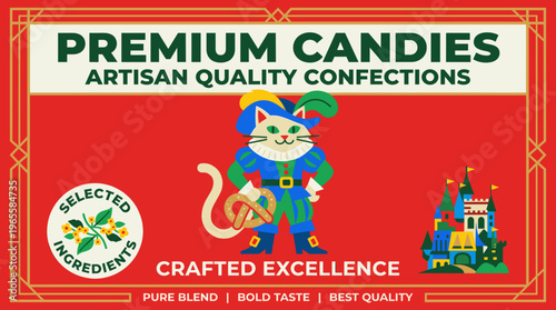 Premium candies label with cat character and castle design for confection packaging