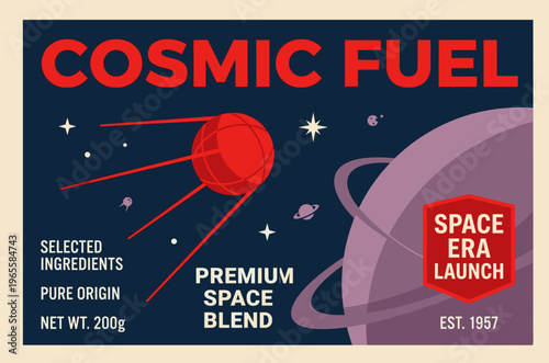 Cosmic fuel packaging label features bright design with space theme, showcasing selected ingredients and premium blend in a 200g format