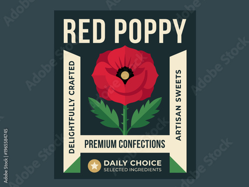 Red Poppy packaging label features flower design for premium confections with focus on quality ingredients and artisan sweets