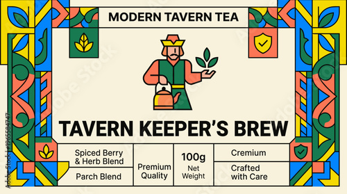 Label design for Modern Tavern Tea featuring Tavern Keeper's Brew with bold colors and clear text for packaging