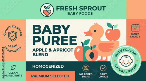 Packaging label for baby food featuring apple and apricot blend with a duck graphic and clean ingredient information