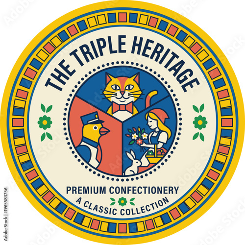 Label design for premium confectionery featuring colorful illustrations and a cat in a festive setting