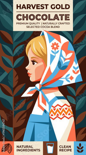 Harvest Gold chocolate packaging label featuring a woman with a floral scarf and cocoa background