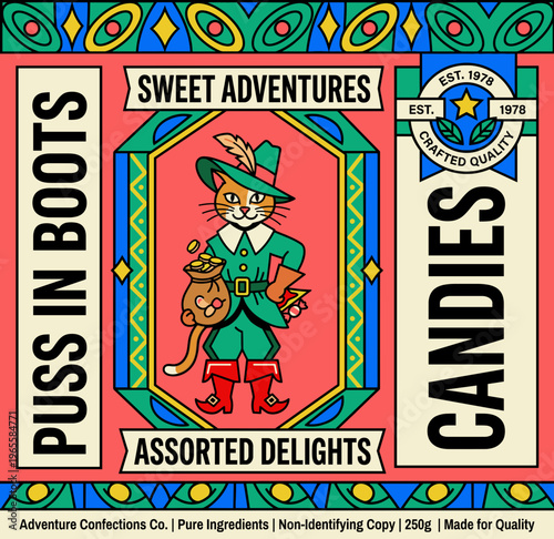 Label design for Puss in Boots assorted candies by Adventure Confections in bright colors showing fun theme and cartoon cat