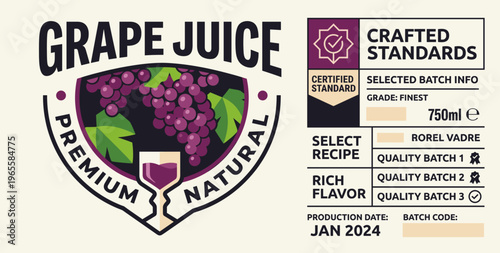 Grape juice packaging label design featuring details about flavor and production standards
