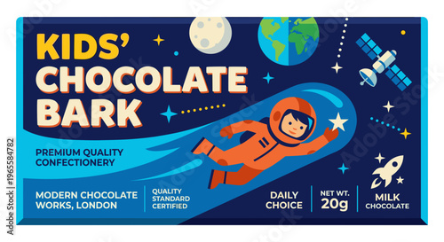 Packaging label for Kids' Chocolate Bark from Modern Chocolate Works in London features a space theme with an astronaut and stars