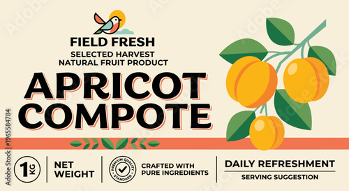 Field Fresh apricot compote packaging label showing fruit illustration and product details for consumer information
