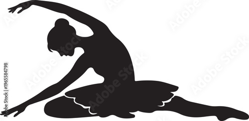 Black silhouette of a graceful ballerina performing a floor stretch in a tutu