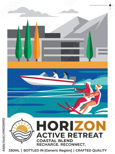 Vector packaging label for Horizon Active Retreat showcasing a water sports scene with people enjoying a boat and water skiing