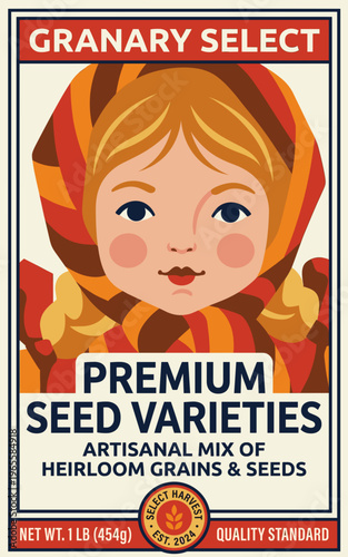 Premium seed varieties label design featuring a girl with a traditional scarf and showcasing heirloom grains and seeds for gardens and farms