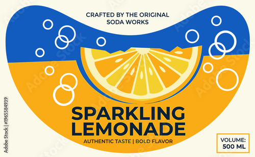 Sparkling lemonade packaging label featuring a lemon slice and bubbles design