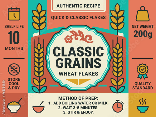 Quick and classic flakes package label for classic grains wheat flakes with preparation method and storage details