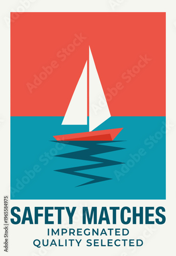 Vector packaging label design featuring a sailboat on calm water and the words safety matches with a quality selected note