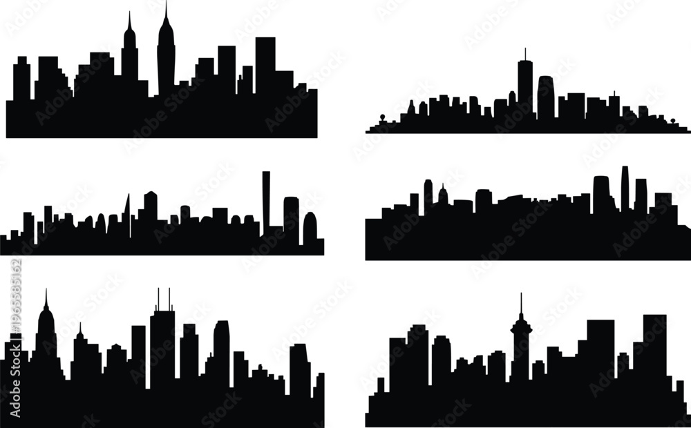 Fototapeta premium Set of city skyline silhouettes isolated on white background, modern urban architecture collection with skyscrapers, vector illustration for travel, business, and cityscape design