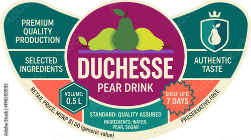 Duchesse pear drink packaging label shows information about ingredients and quality assurance for consumers