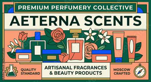 Packaging label for Aeterna Scents with design elements featuring beauty products and fragrances