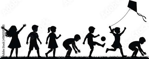 Silhouette of Children Playing Outdoors, Running, Kicking Ball and Flying Kite