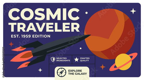 Cosmic Traveler packaging label for 1959 edition with rocket and planet design in a vector format