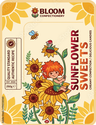 Vector packaging label for sunflower sweets featuring a character and flowers in brown and yellow
