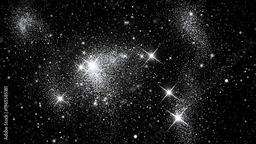 Dazzling silver glitter dust and bright sparkling stars illuminate the deep black cosmic background texture effect