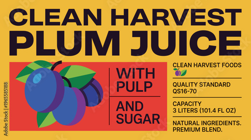 Colorful svg vector packaging label for Clean Harvest plum juice showing details about ingredients and capacity