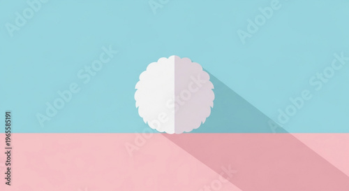 Minimalist illustration of white sphere casting long shadow on pastel pink and blue background