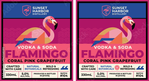 Vector packaging label for Sunset Harbor Distillery's Flamingo Vodka and Soda with Coral Pink Grapefruit flavor