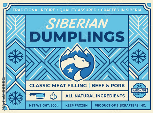 Siberian dumplings label showing classic meat filling made with beef and pork for frozen food packaging in a simple design