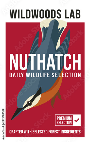 Wildwoods Lab nuthatch label design for daily wildlife selection featuring forest ingredients and premium selection mark