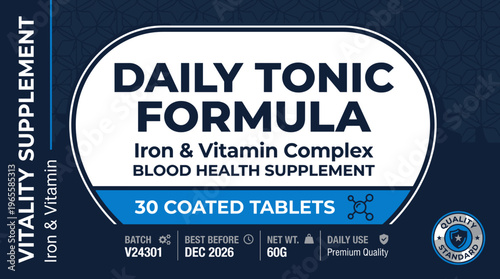 Daily tonic formula for iron and vitamin complex in a packaging label for blood health supplement with details about contents and usage