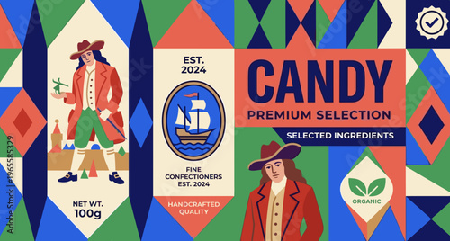 Premium selection candy packaging label design showcasing fine ingredients and handcrafted quality from 2024