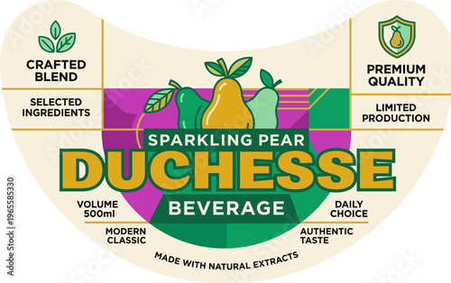 Sparkling pear beverage label design with crafted blend and selected ingredients information displayed on a vector graphic