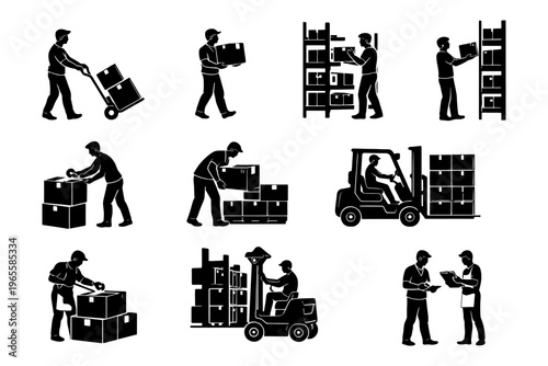 Warehouse worker silhouettes performing various tasks.