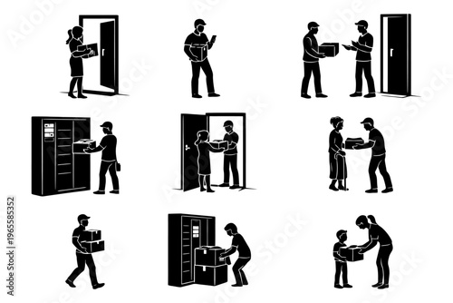 Stick figure illustrations of various parcel delivery scenarios and interactions.