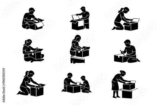 Silhouette illustrations of people unpacking boxes in various poses.